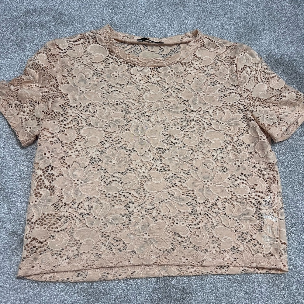 Zara Floral Lace Cropped Short Sleeve Top Small